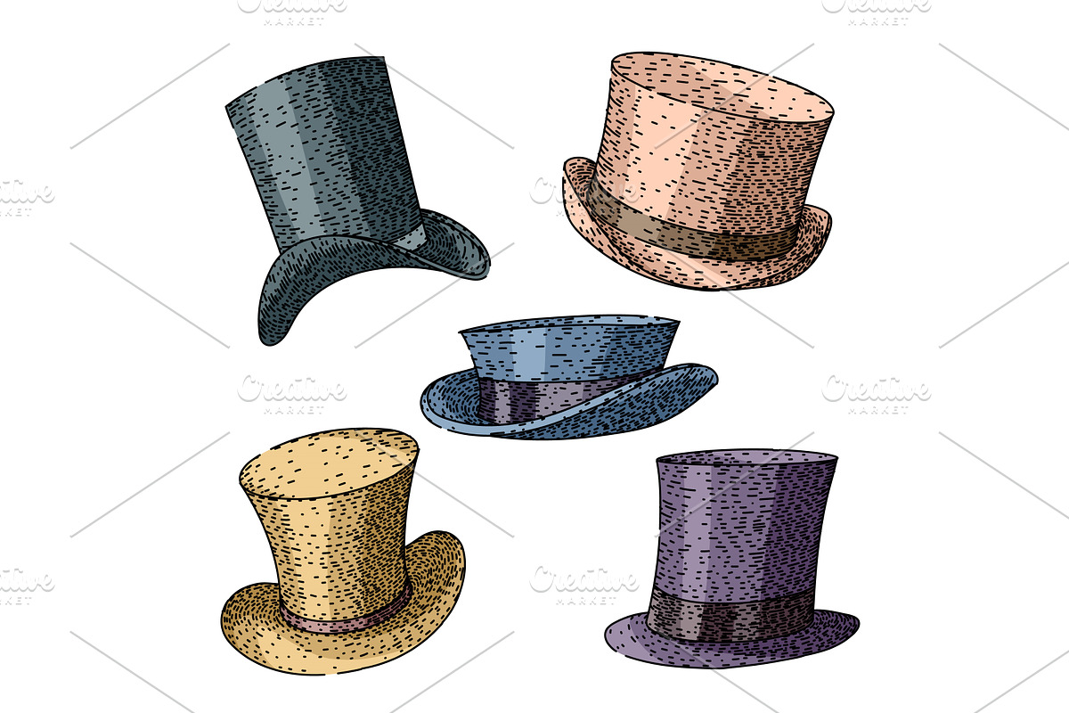 top hat set sketch hand drawn vector, an Object Illustration by pikepicture