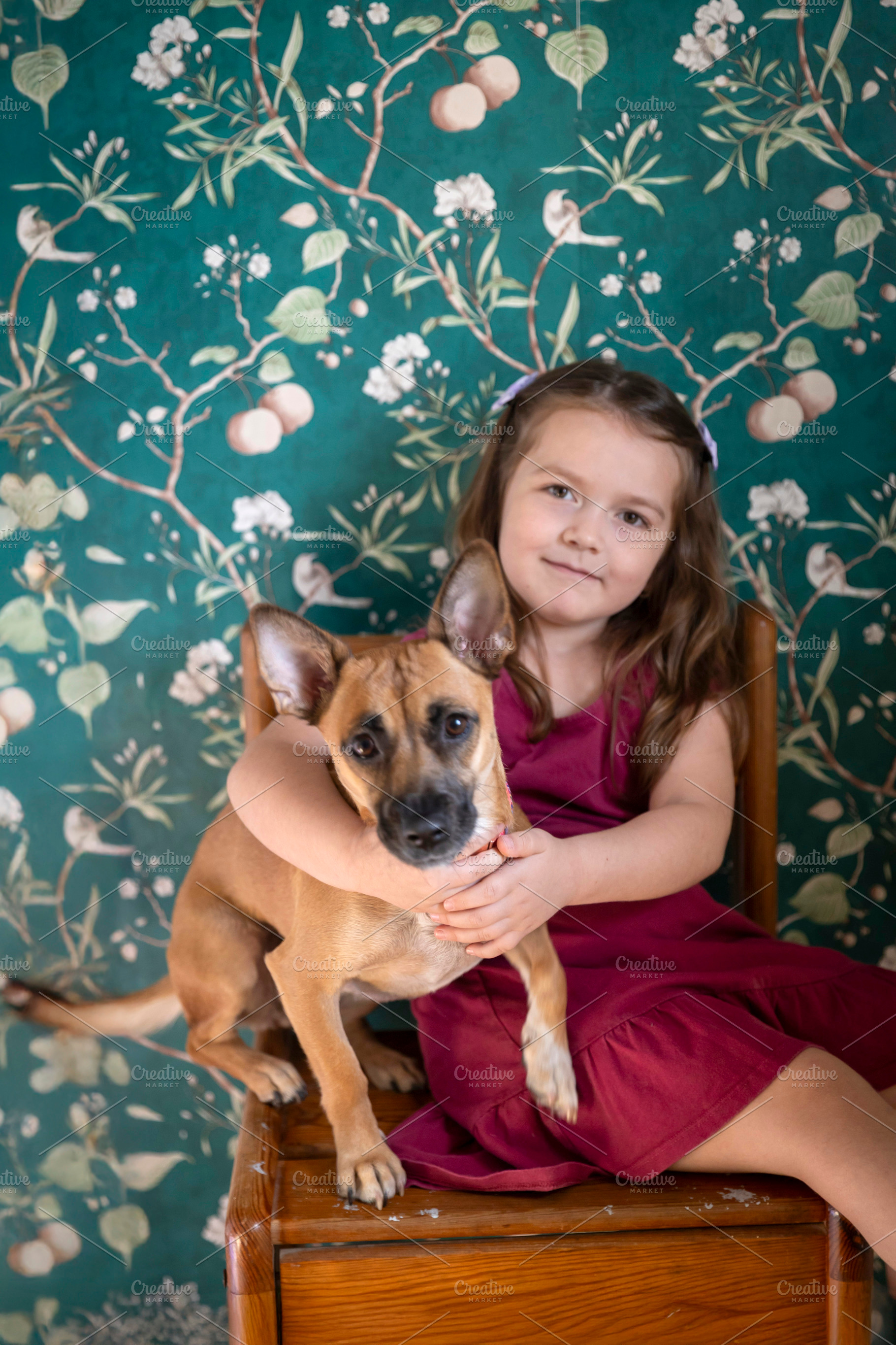 Young girl sitting on a wooden chair, holding and hugging her sm, a Person Photo by Imaginarium