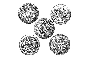 ornate metal button set sketch hand, an Illustration by pikepicture