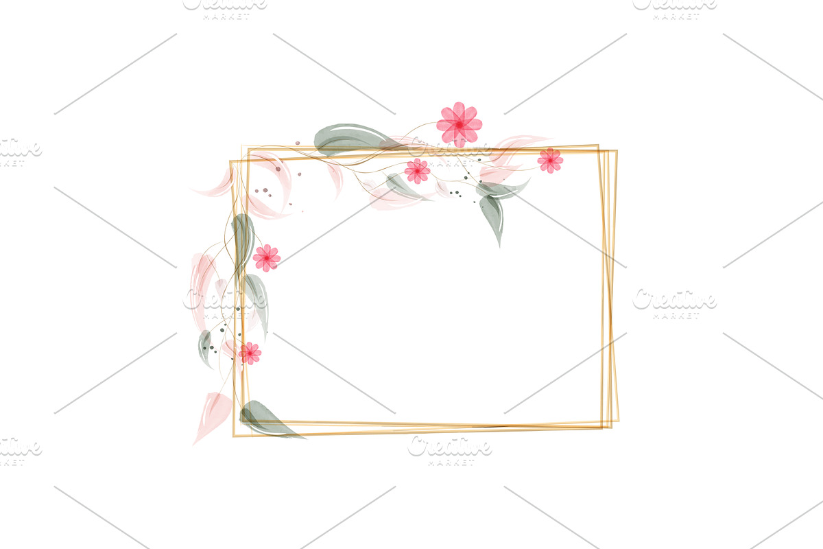 Watercolor floral gold frame design, an Illustration by okskukuruza