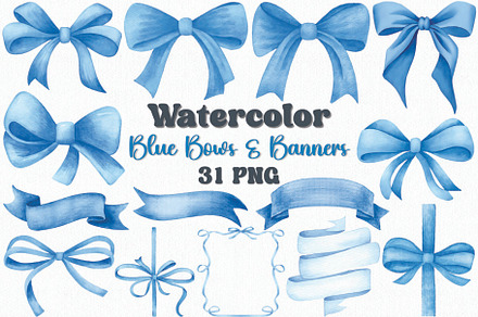 Watercolor Blue Bows Clipart Set