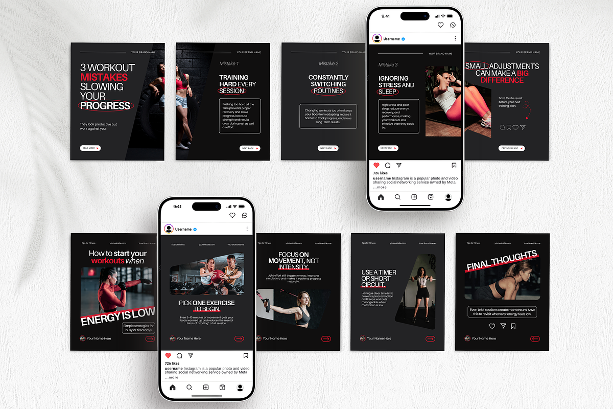 Fitness Carousel Instagram Posts Red, a Social Media Template by DigiPax (Photo 5 of 11)
