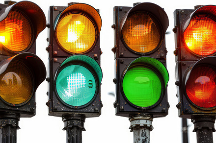 Collage of Traffic Lights with Different Signals Glowing in Red, Yellow, and Gr, a Photo by AS photostudio