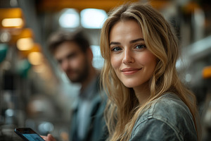 Young woman with long hair smiles wh, a Photo by Tanuart