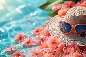 Summer hat with sunglasses surrounded by tropical flowers by a sparkling pool, a Beauty & Fashion Photo by AlyaAnd