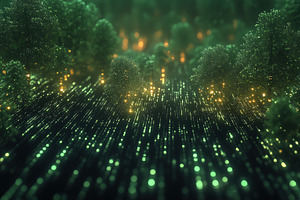 A mesmerizing digital landscape featuring glowing trees amidst a field of shimm, a Photo by Textures & Backgrounds