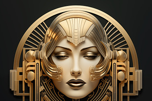 A stylized, golden art deco portrait of a woman with intricate geometric patter, a Background Graphic by Textures & Backgrounds