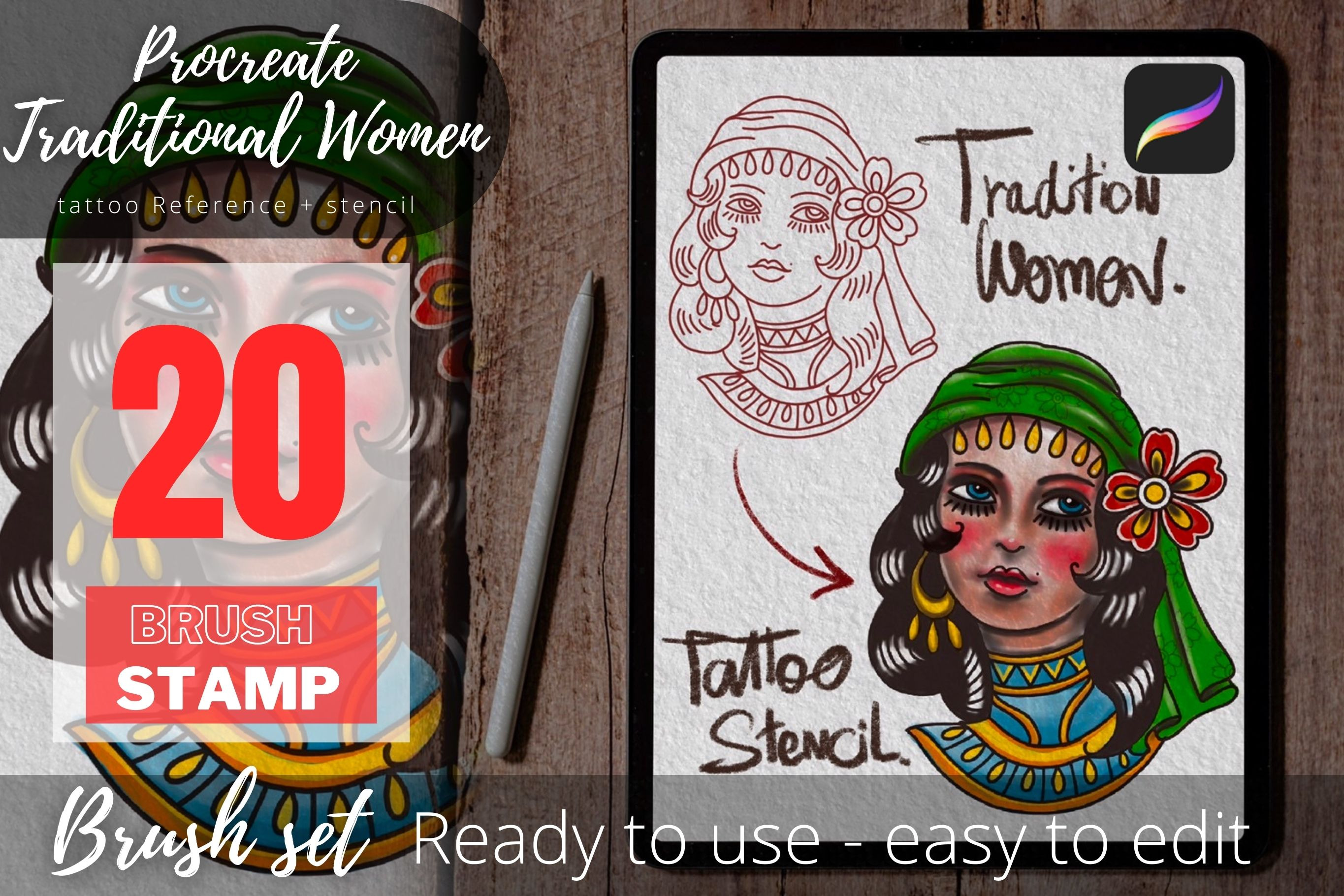 Traditional tattoo women stencils, a Brush Add-On by Tattoo Worker Studio
