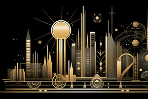 A Stylized, Geometric Skyline Art Deco Illustration Featuring Various Skyscrape