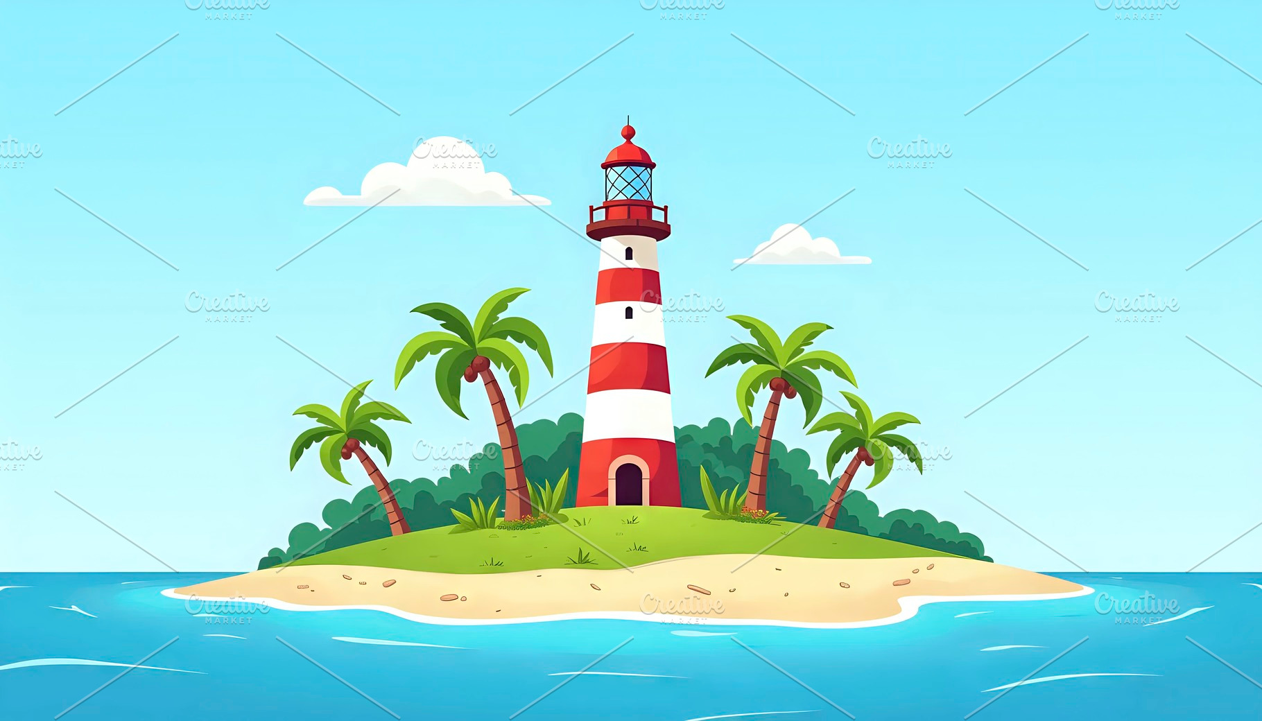 Island With Lighthouse And Coconut T, a Photo by LOGOCREATIVE