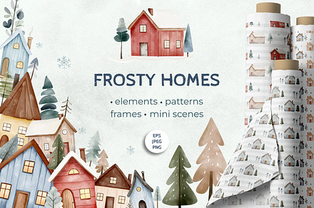 Snowy Houses. Watercolor Winter, an Illustration by Hanna's ArtLab