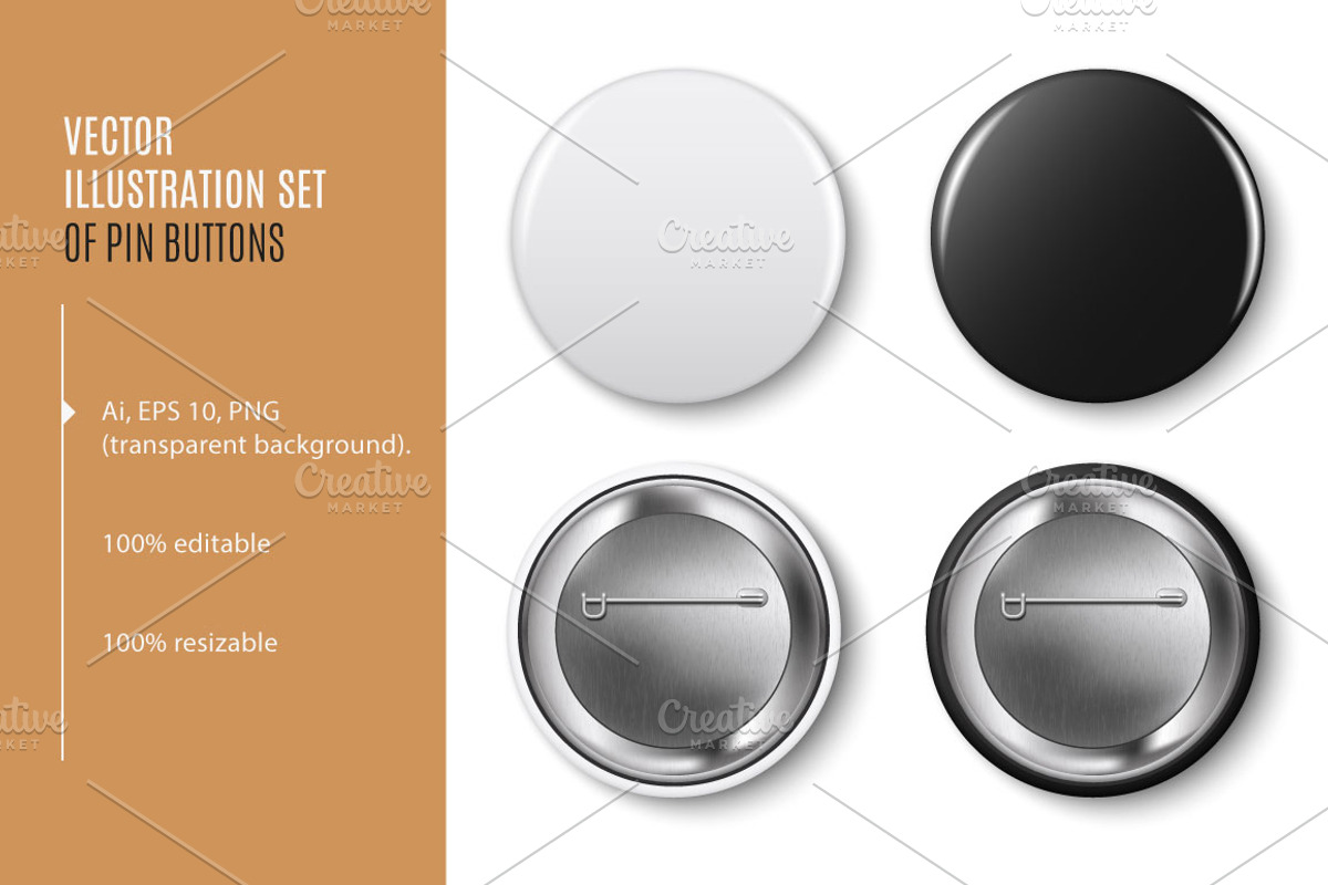 Pin buttons. Vector black, white set, an Advertising Mockup by Cheremuha
