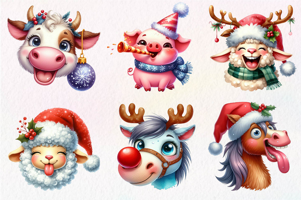 Christmas Farm Animal Face Clipart, an Illustration by Dream Creation (Photo 3 of 7)