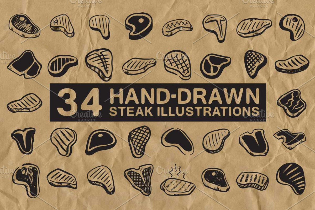 34 Hand-Drawn Steak Illustrations, a Food Illustration by Flavor Graphics (Photo 1 of 3)