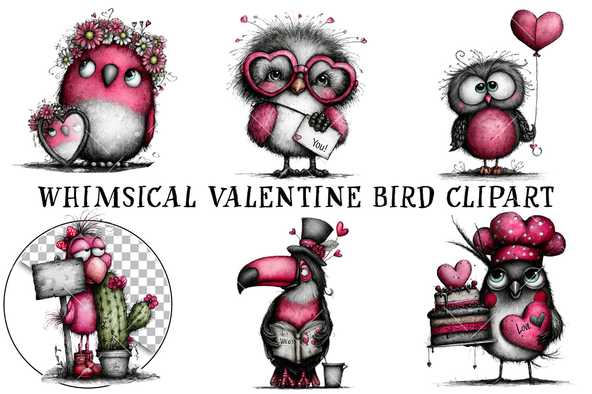 Whimsical Valentine Bird Clipart, an Illustration by OK Design (Photo 2 of 6)