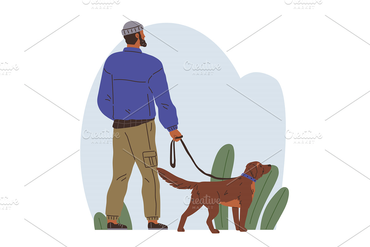 Guy walking with cute dog on leash, an Animal Illustration by robuart