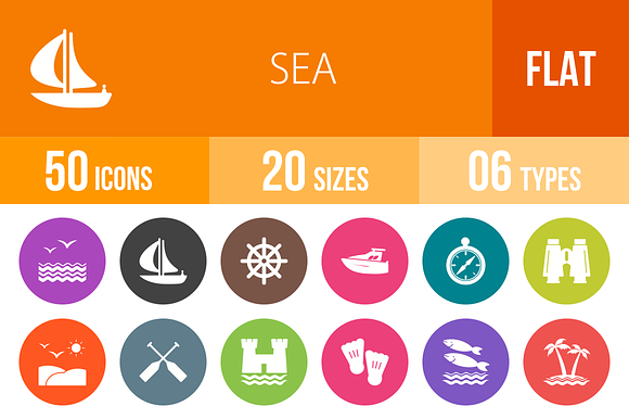 50 Sea Flat Round Icons