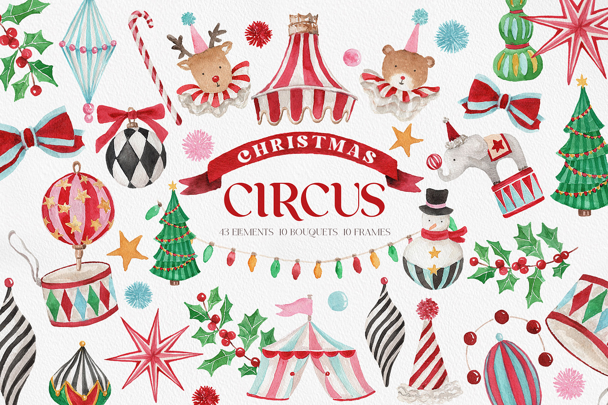 Watercolor Clipart-CHRISTMAS CIRCUS, a Decorative Illustration by Beigetime (Photo 1 of 12)