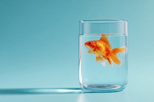 Goldfish swimming in clear glass jar against blue background in serene indoor s, an Animal Photo by AlyaAnd