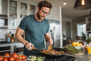 Man cooking healthy vegetable stir f, a Photo by Pixeness Studio