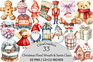 Christmas Floral Wreath & Santa Clau, an Illustration by CitraGraphics