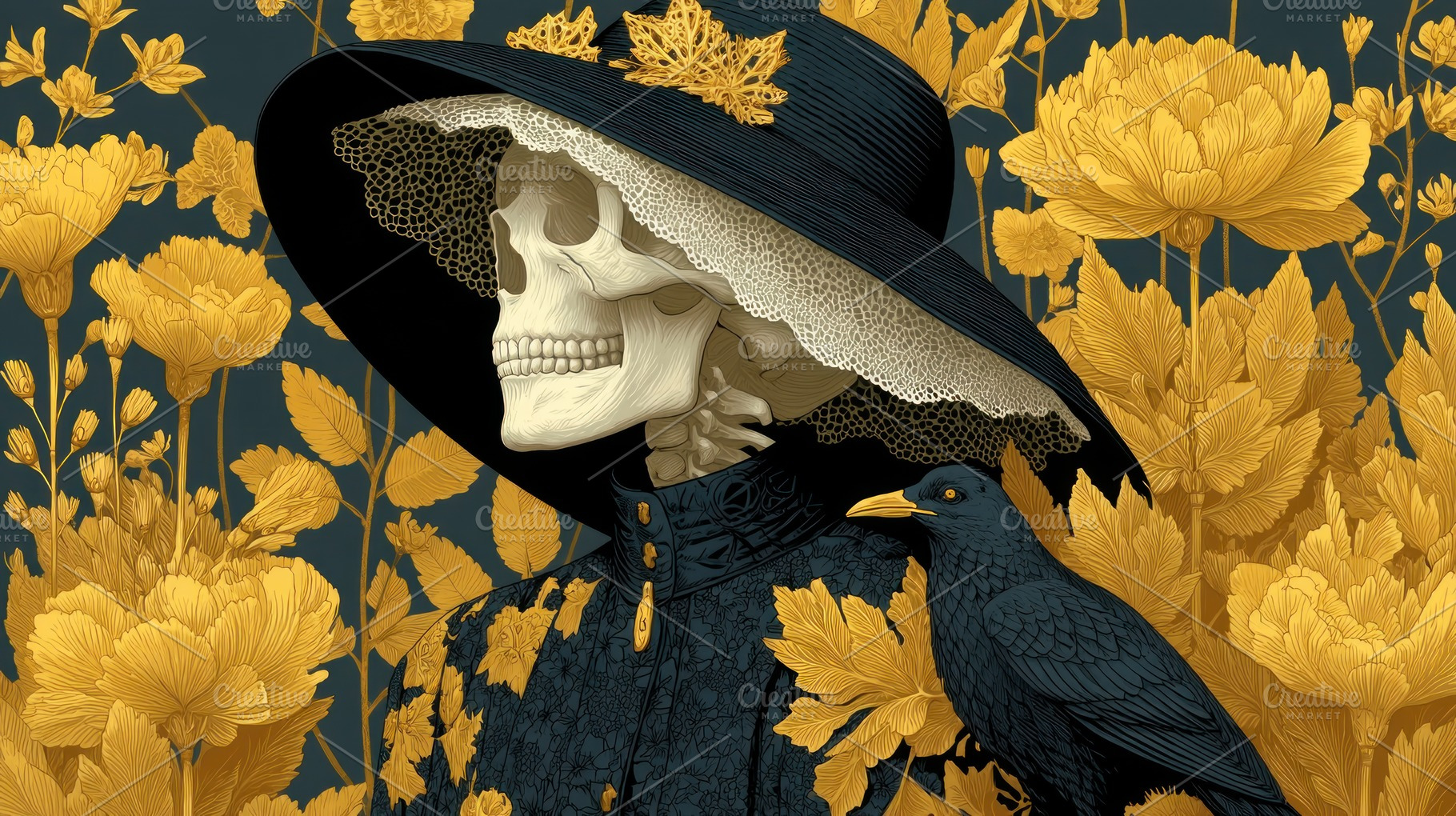 Victorian skeleton in black hat and lace surrounded by golden fl, a Holiday Photo by José Manuel Gelpi