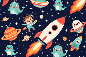 Kids in Outer Space Seamless Repeat, a Person Illustration by Sharon Schwalbe