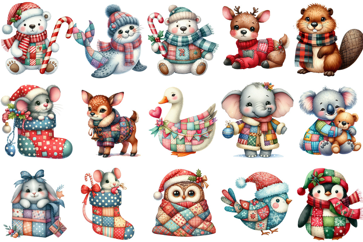 Patchwork Christmas Cute Animals PNG, an Illustration by Designking (Photo 3 of 5)
