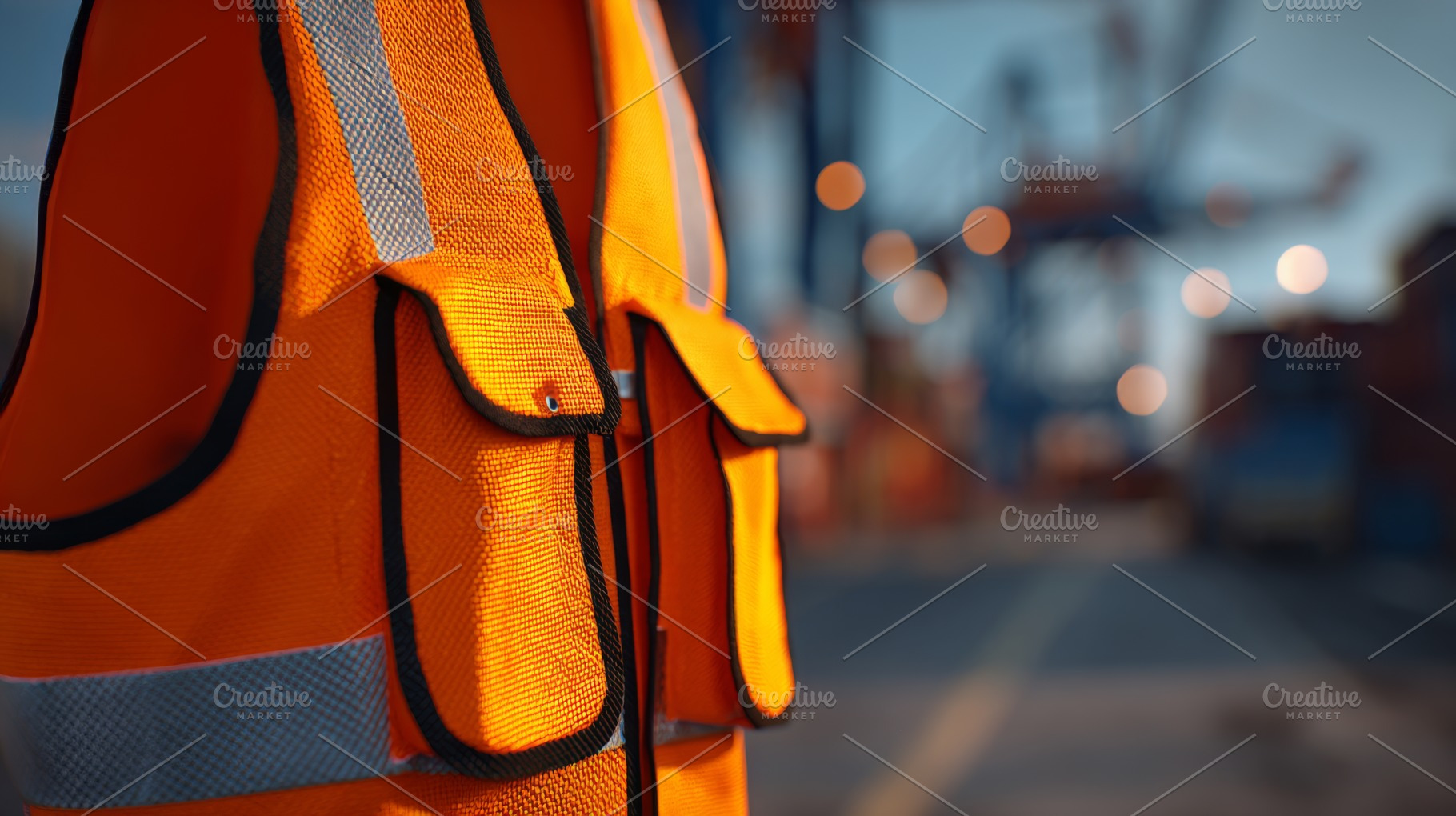 Close-up of a bright orange safety vest hanging in an industrial setting, empha, a Business Photo by ImageMir