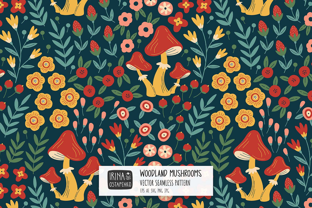 Woodland Mushrooms Seamless Pattern, a Wallpaper Graphic by Irina Ostapenko (Photo 1 of 5)