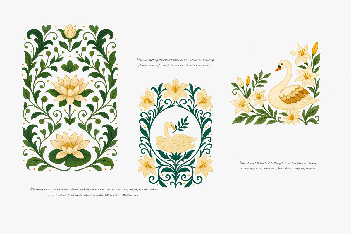 folk bird and floral clipart set, a Decorative Illustration by Patishop Art
