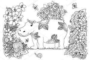 Doodle Hippopotamus And Flowers