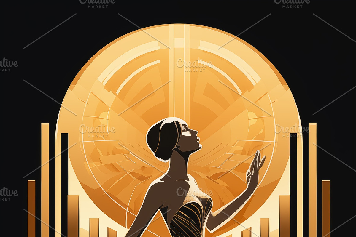A stylized art deco illustration of a graceful woman in a flowing gown, set aga, a Background Graphic by Textures & Backgrounds