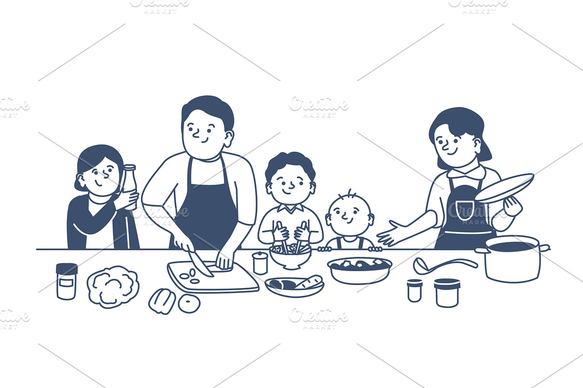 Doodle family cooking. Mother father, a Food Illustration by LadadikArt