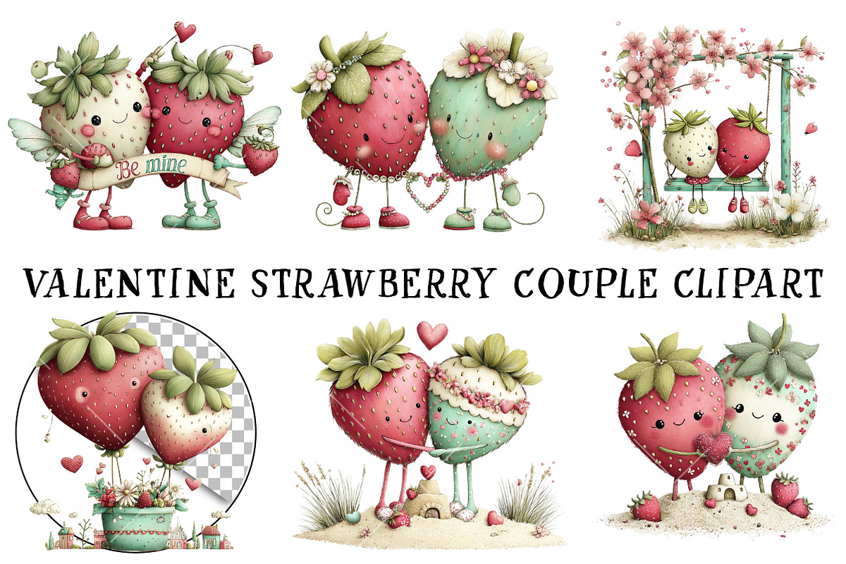 Valentine Strawberry Couple Clipart, an Illustration by OK Design (Photo 2 of 6)