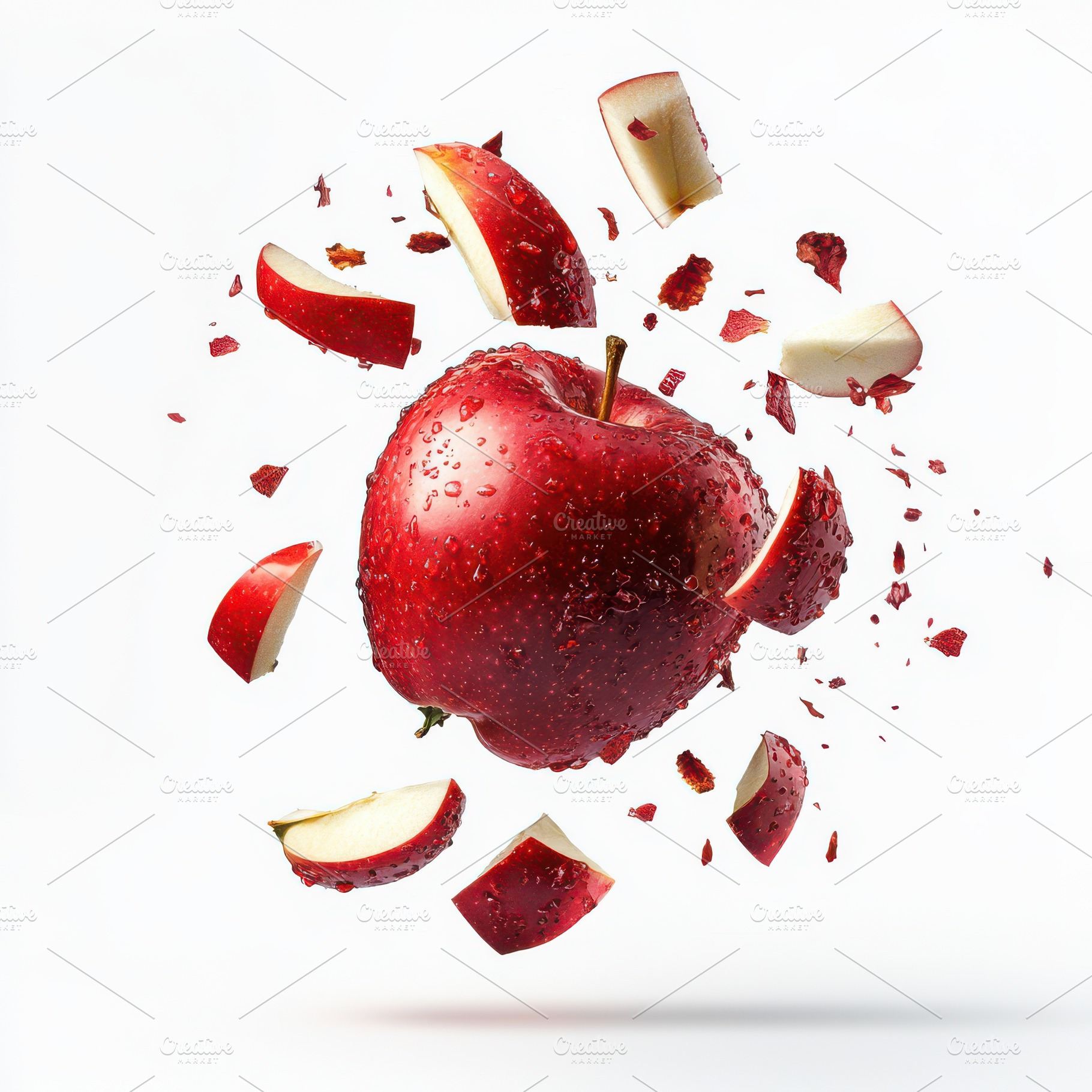 Red apple with slices flying isolate, a Food & Drink Photo by Pixeness Studio
