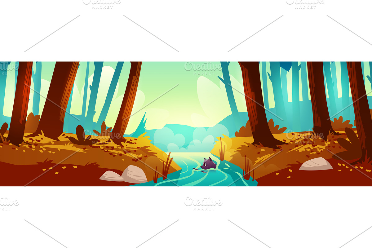 Autumn forest scape with skunk swims, an Illustration by art PVP - market