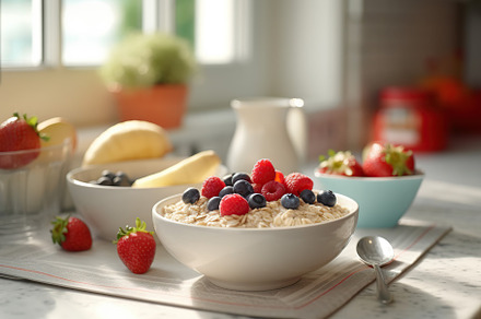 Tasty oatmeal with fruits in bowl on table, a Food & Drink Photo by AlyaAnd