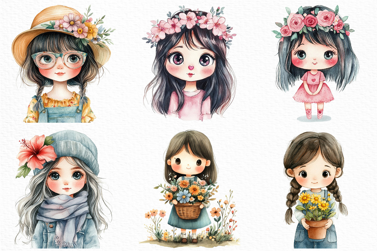 Cute Chibi Floral Girls Clipart, an Illustration by Craft Nest (Photo 5 of 6)