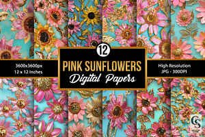 Pink Gold Glitter Sunflowers Pattern, a Pattern Graphic by Creative Store