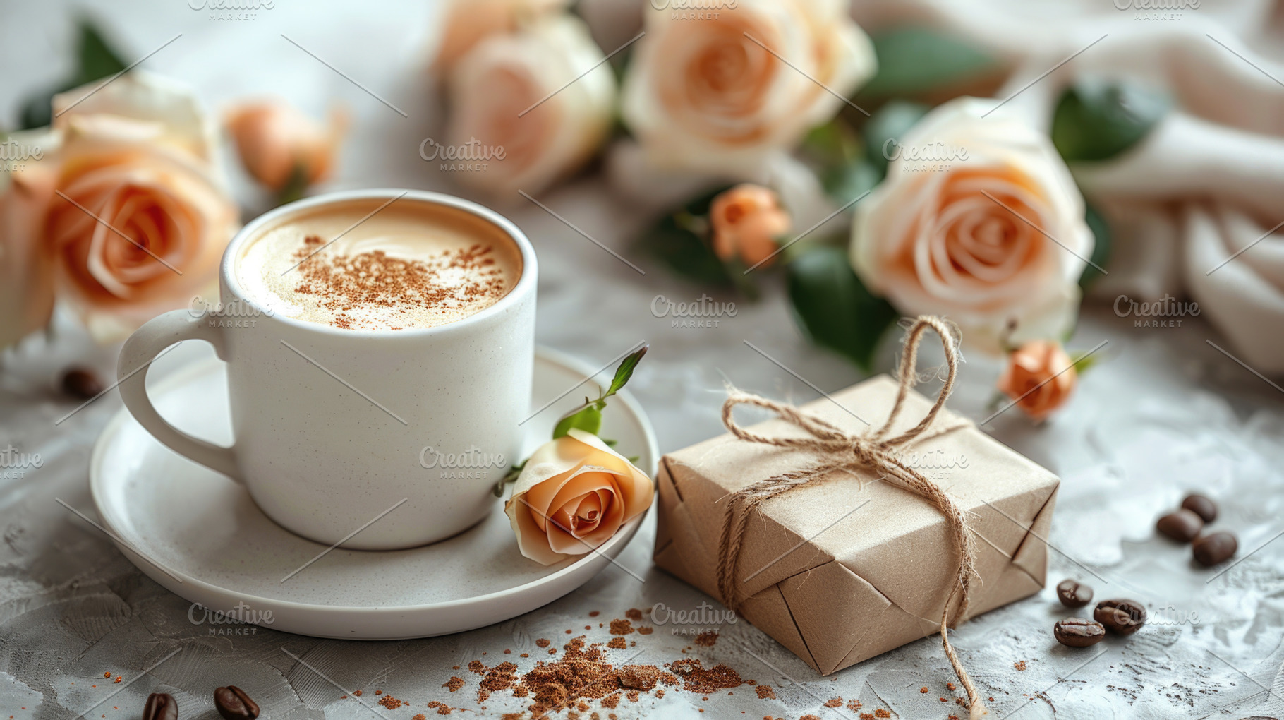 Cozy coffee cup with roses and gift box romantic lifestyle scene, a Holiday Photo by José Manuel Gelpi