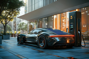 A sleek, modern electric car parked at a charging station in an urban setting., a Technology Photo by Textures & Backgrounds