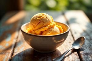 Melting scoop of mango ice cream, a Photo by rarrarorro
