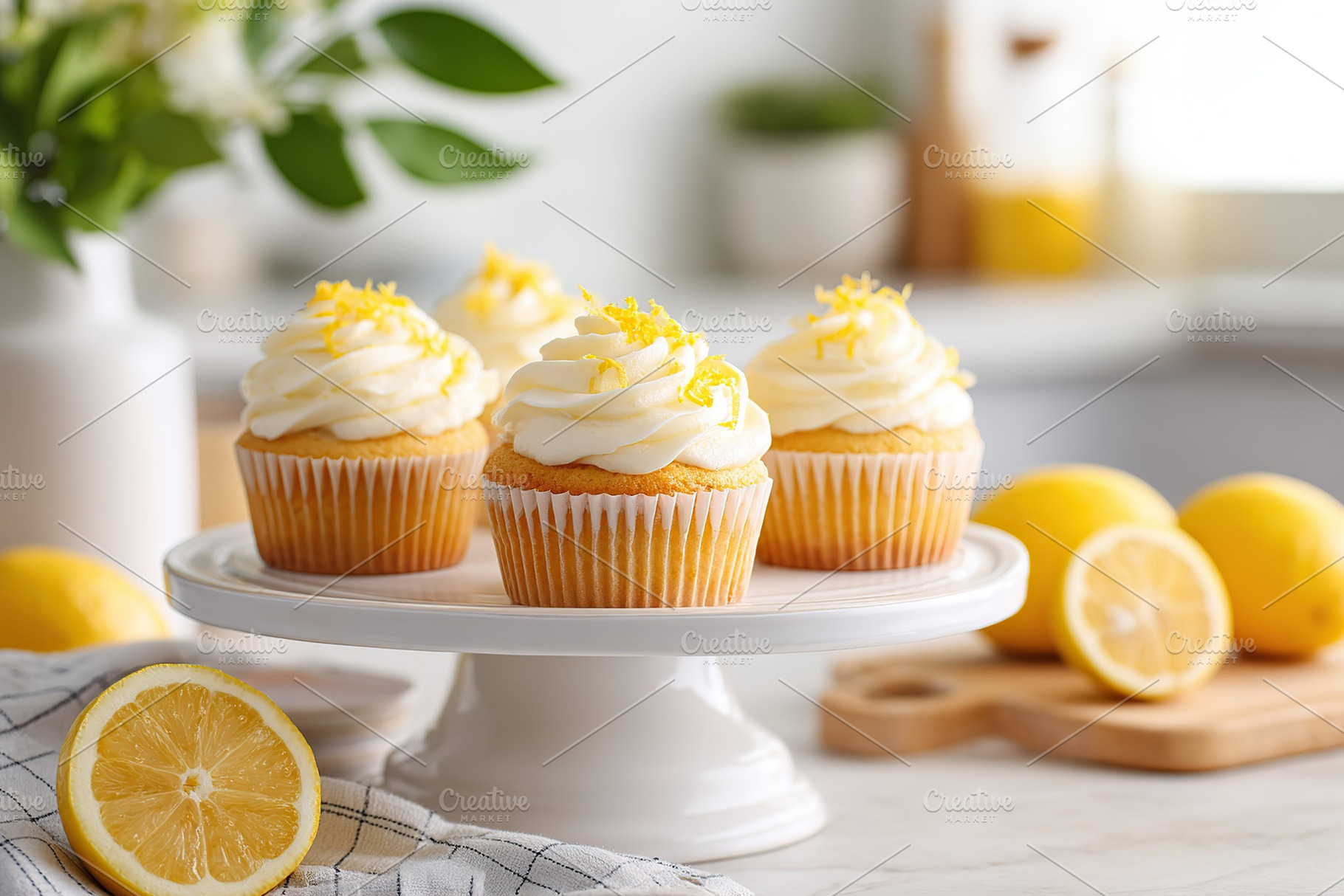 Delightful lemon cupcakes topped with coconut frosting and fresh lemon zest on, a Food & Drink Photo by AlyaAnd