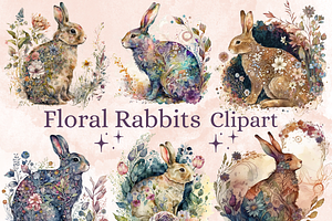 Watercolor Floral Rabbits Clipart