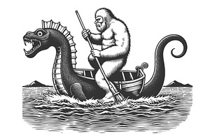 Sasquatch Rowing a Sea Monster Boat, an Animal Illustration by AlexArt