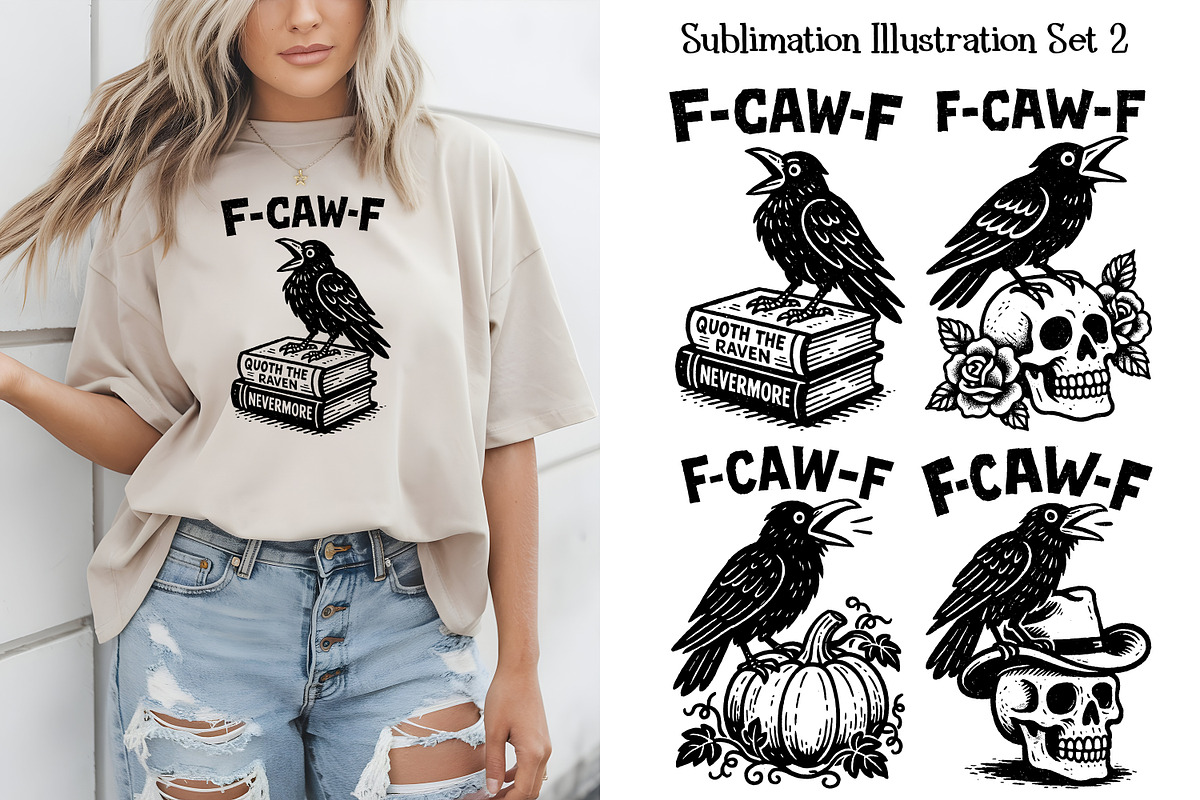 F-CAW-F Crow Sublimation PNG Set2, an Animal Illustration by Heather Green Designs (Photo 1 of 9)