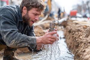 Worker fixing leaking pipe on muddy city trench, an Industrial Photo by AlyaAnd