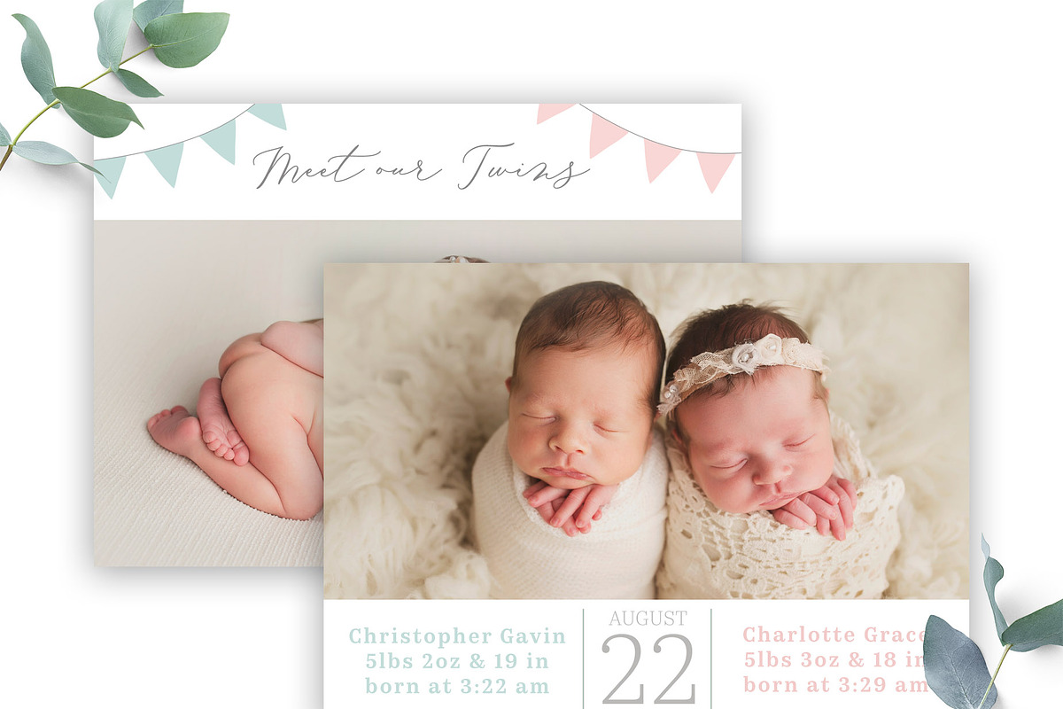 Twin Birth Announcement Template, a Card Template by Sweet Little Muse (Photo 2 of 3)