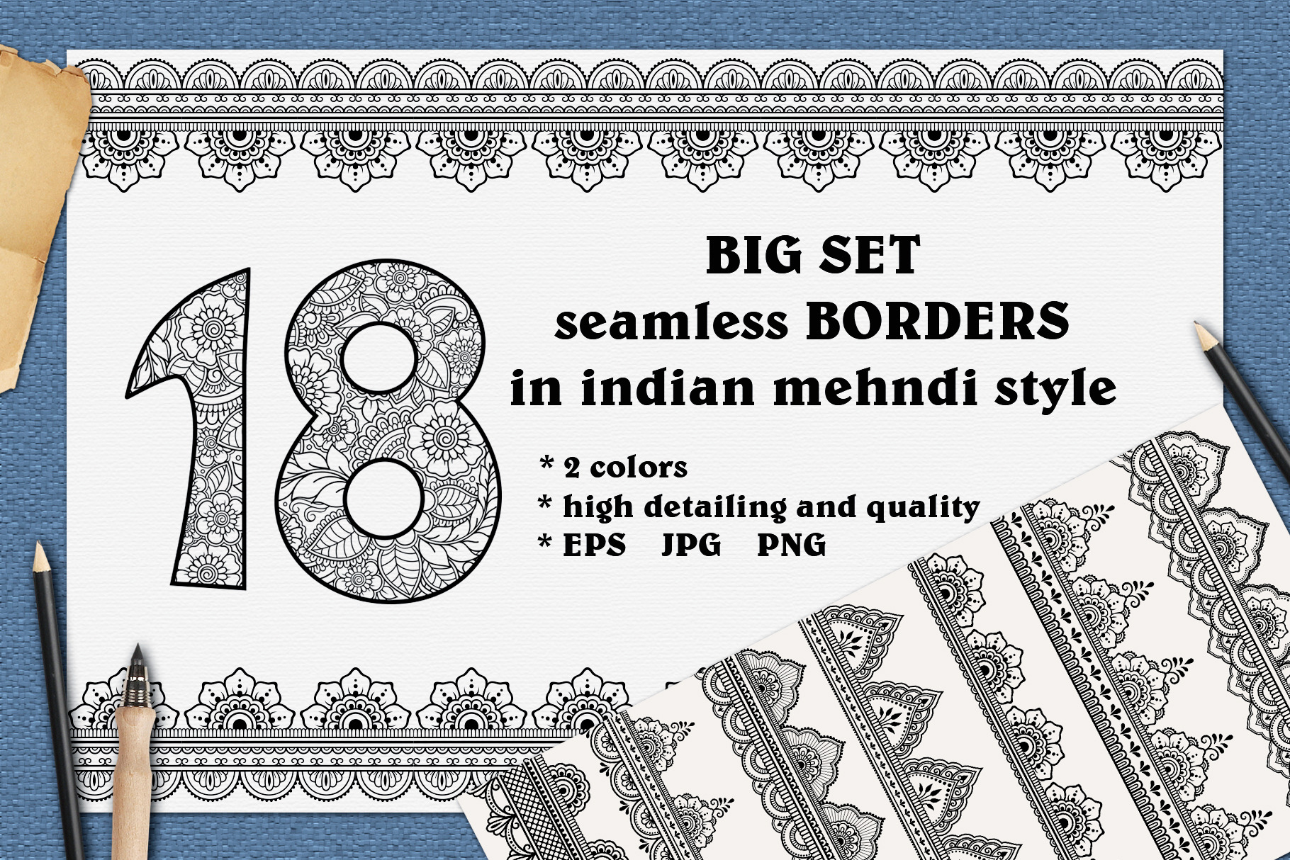 Set seamless Mehndi borders, a Decorative Illustration by Katika Shop